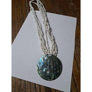 Vintage Abalone Seashell Multi Strand White Glass Seed Bead Necklace